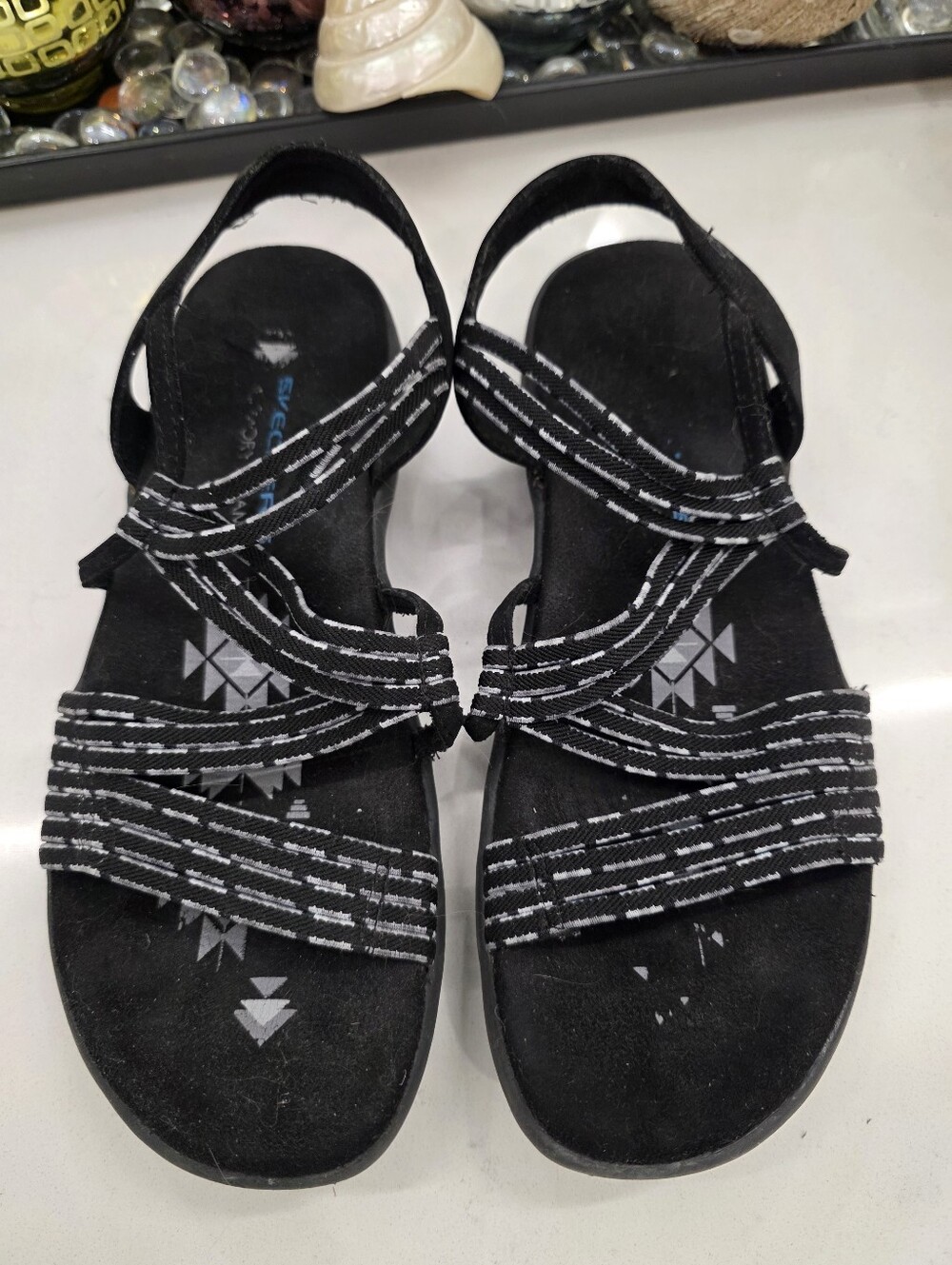 Skechers Reggae Simply Black Strappy Stretch Sandals Memory Foam 7